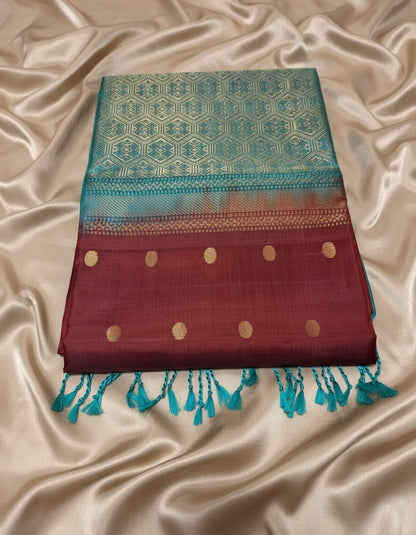 Pure Handloom Soft Silk - Maroon & Teal Blue contrast with Polka dots