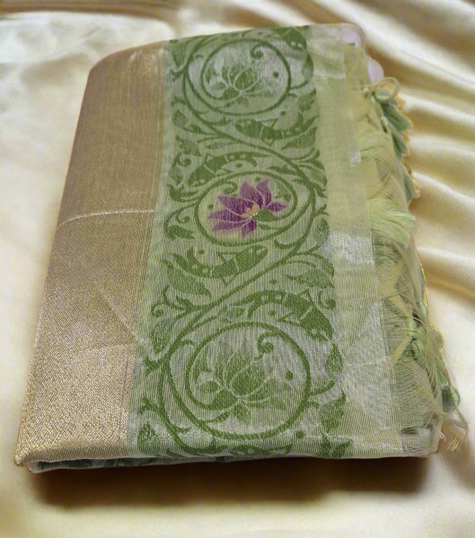 Tissue Silk - Green with Purple Lotus Weave Design