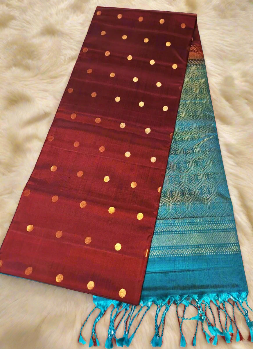 Pure Handloom Soft Silk - Maroon & Teal Blue contrast with Polka dots