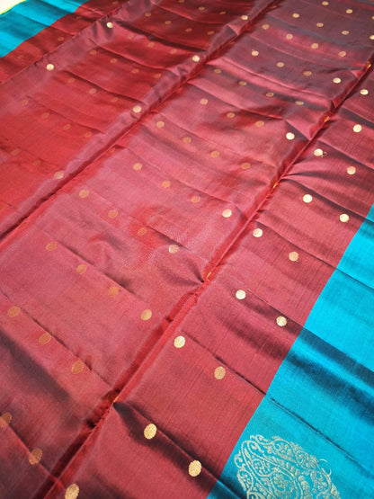 Pure Handloom Soft Silk - Maroon & Teal Blue contrast with Polka dots