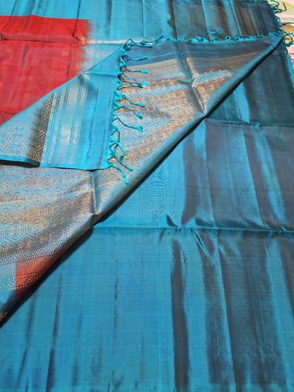 Pure Handloom Soft Silk - Maroon & Teal Blue contrast with Polka dots