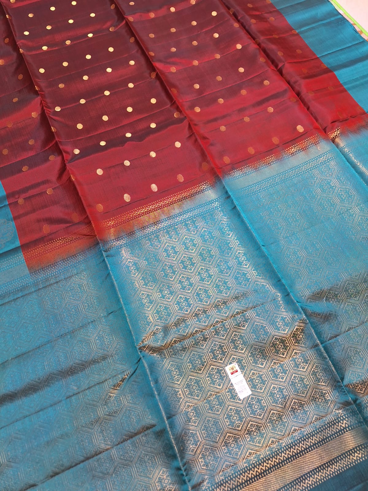 Pure Handloom Soft Silk - Maroon & Teal Blue contrast with Polka dots