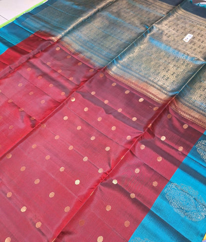 Pure Handloom Soft Silk - Maroon & Teal Blue contrast with Polka dots