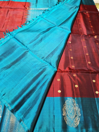 Pure Handloom Soft Silk - Maroon & Teal Blue contrast with Polka dots