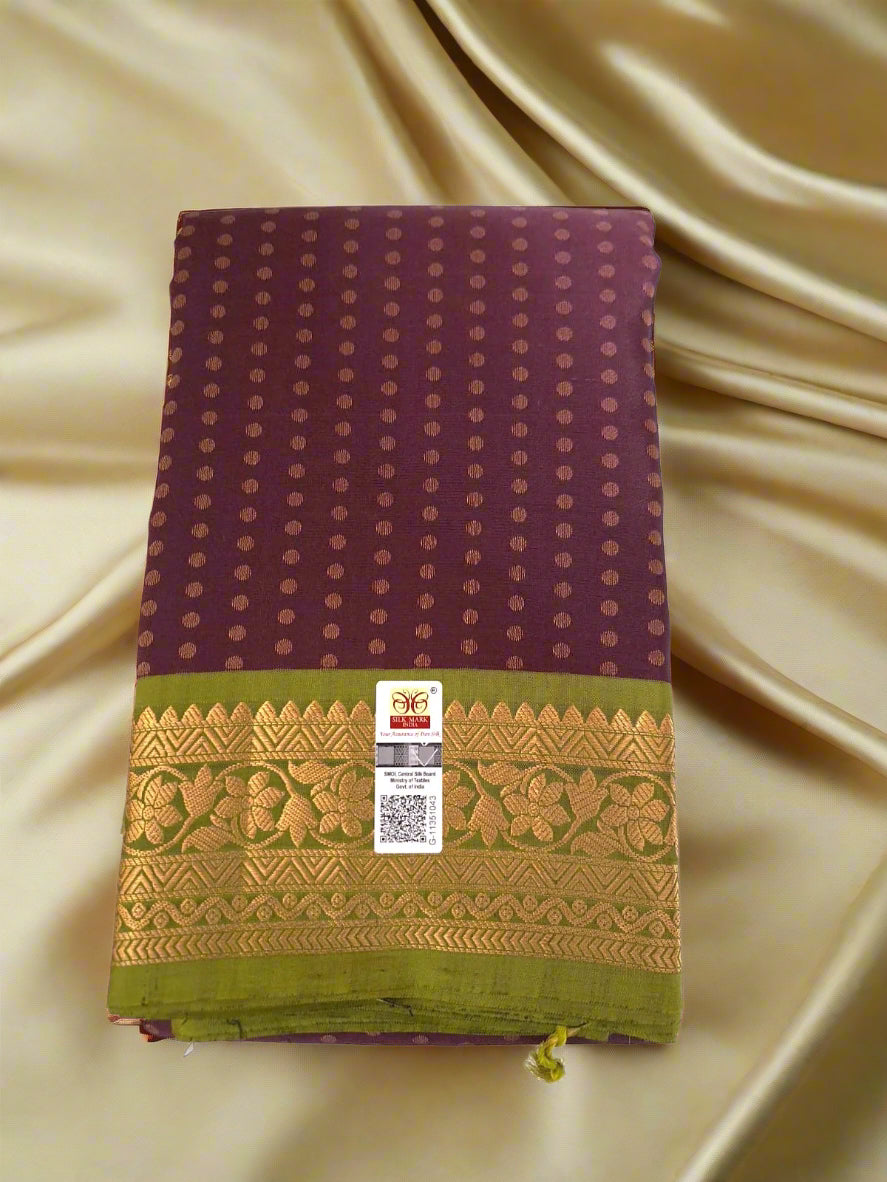 Pure Handloom Soft Silk - Maroon-Green 1000 boota with Kanchi border