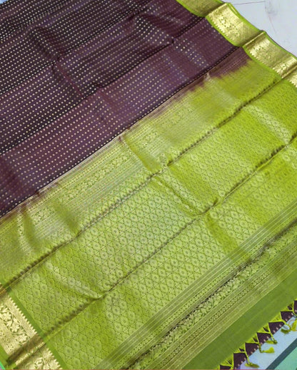 Pure Handloom Soft Silk - Maroon-Green 1000 boota with Kanchi border