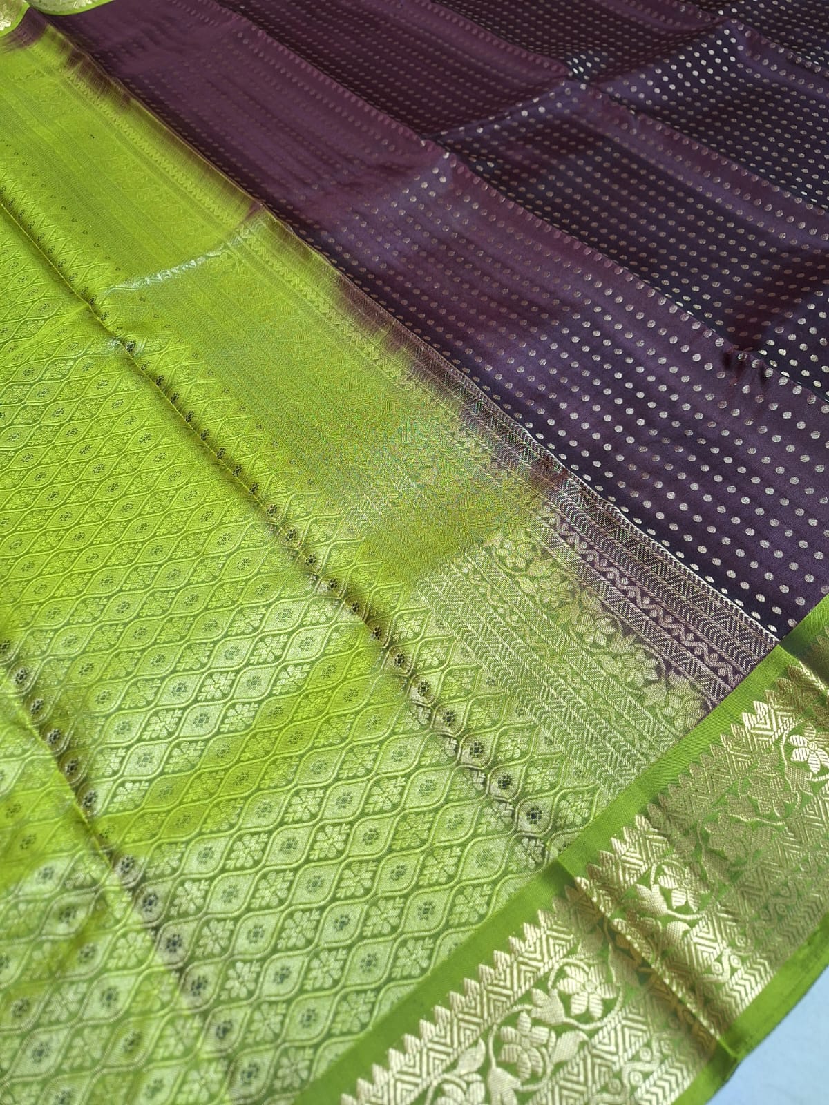 Pure Handloom Soft Silk - Maroon-Green 1000 boota with Kanchi border