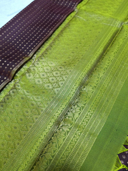 Pure Handloom Soft Silk - Maroon-Green 1000 boota with Kanchi border