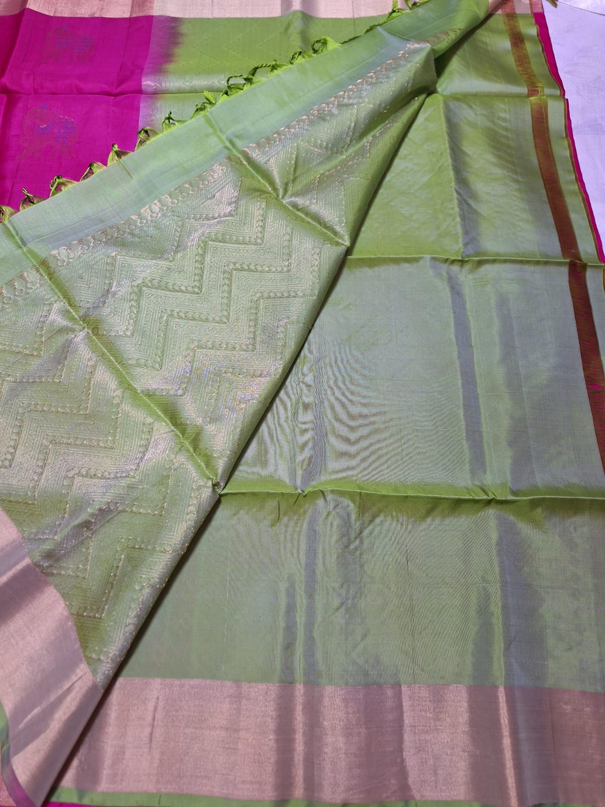 Pure Handloom Soft Silk - Pink & Green Gaja Collection
