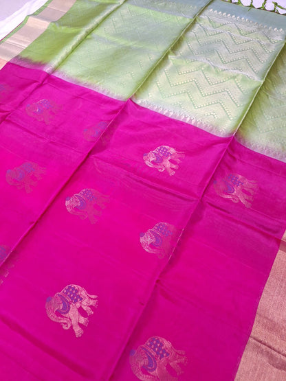 Pure Handloom Soft Silk - Pink & Green Gaja Collection