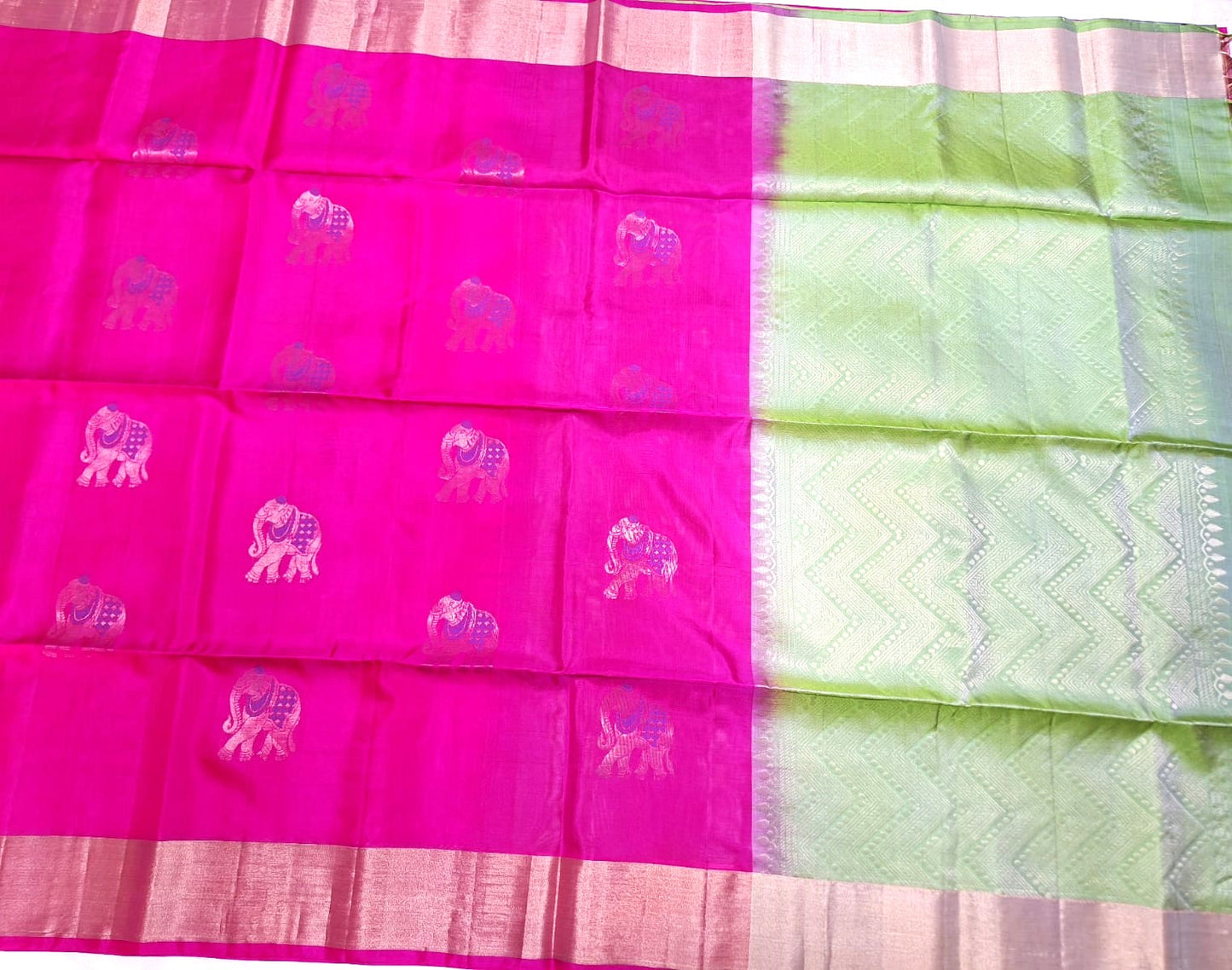 Pure Handloom Soft Silk - Pink & Green Gaja Collection