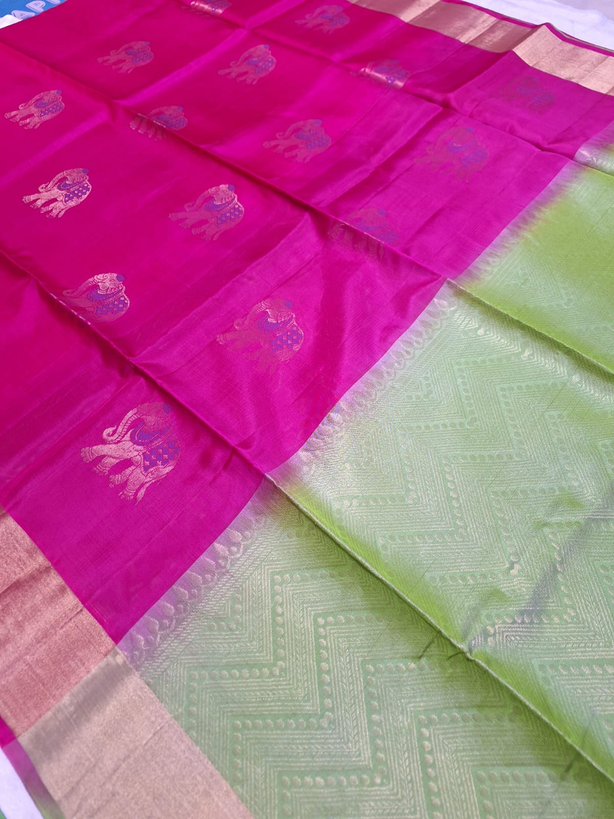 Pure Handloom Soft Silk - Pink & Green Gaja Collection