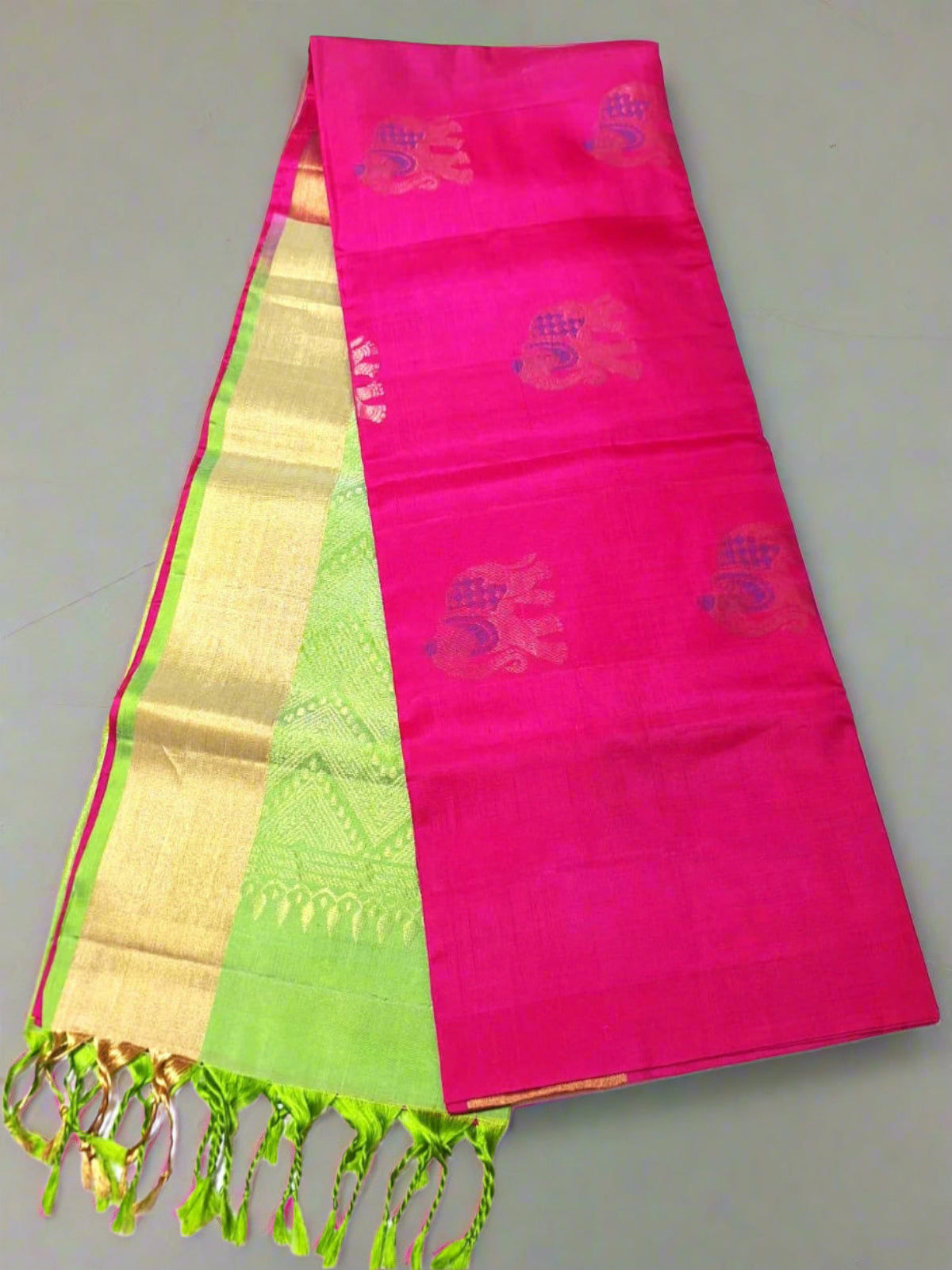Pure Handloom Soft Silk - Pink & Green Gaja Collection