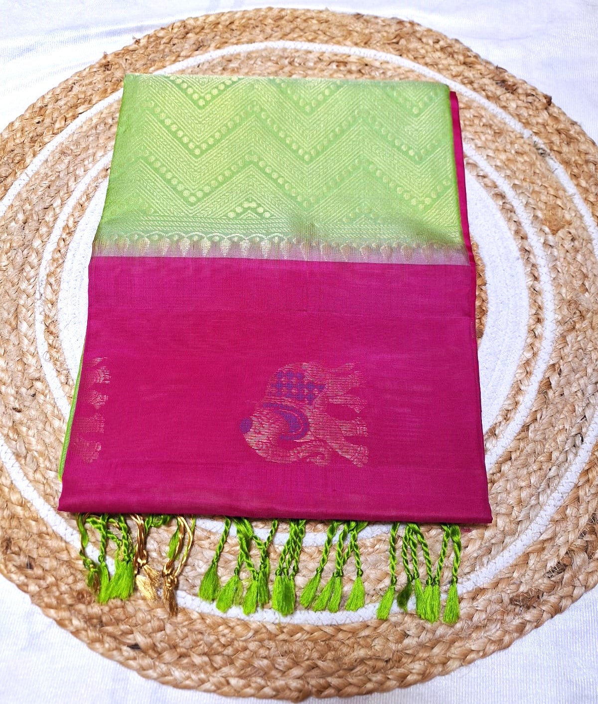 Pure Handloom Soft Silk - Pink & Green Gaja Collection
