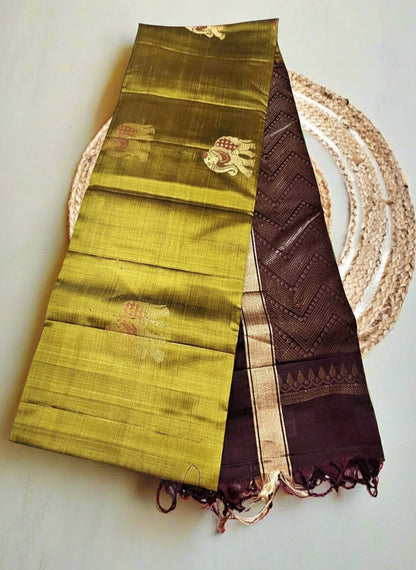 Pure Handloom Soft Silk - Dhani Green & Brown Gaja Collection