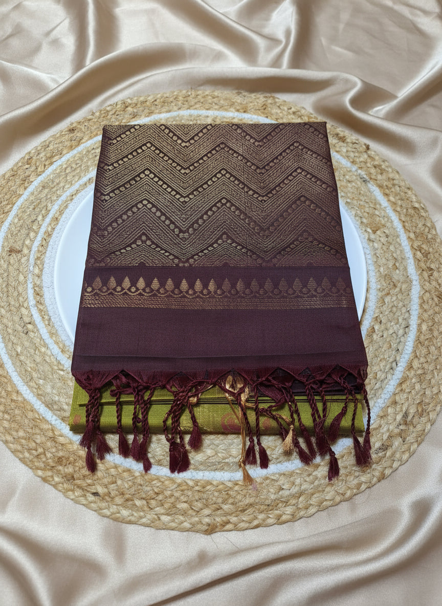 Pure Handloom Soft Silk - Dhani Green & Brown Gaja Collection