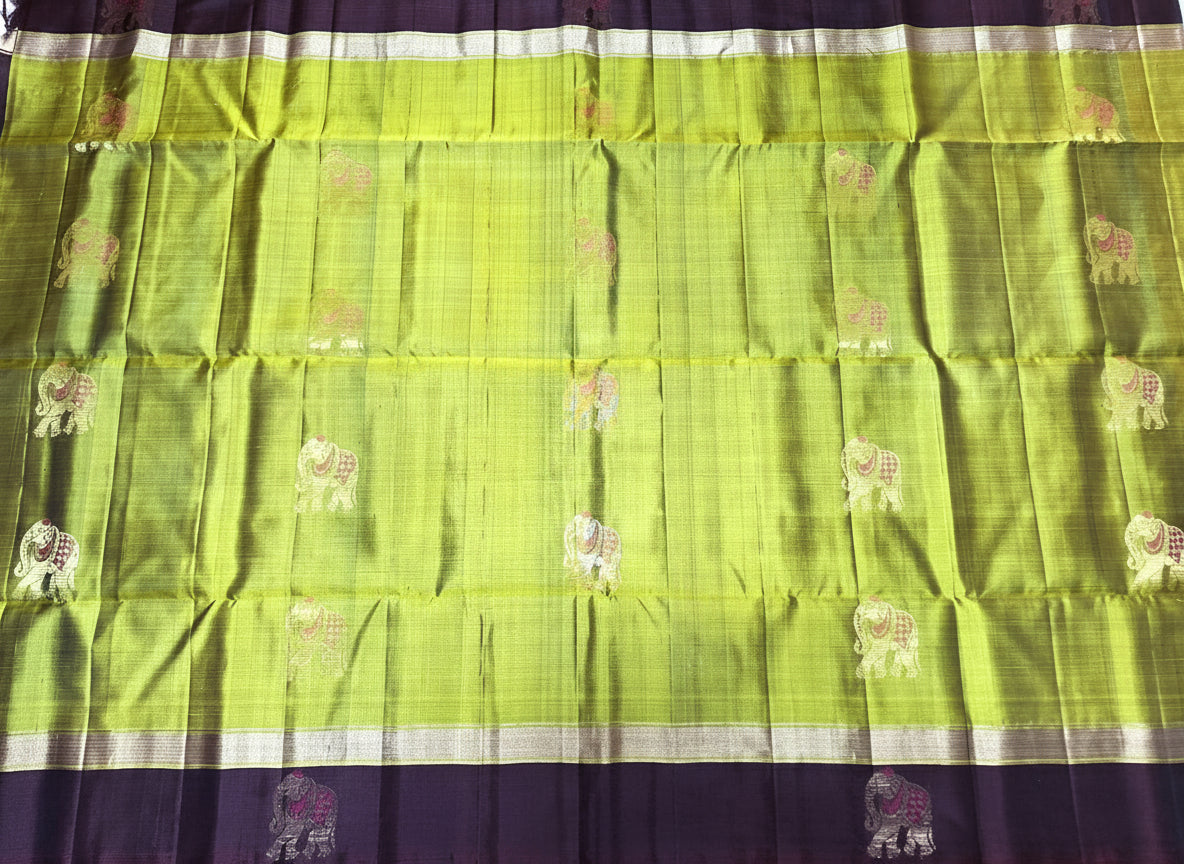 Pure Handloom Soft Silk - Dhani Green & Brown Gaja Collection