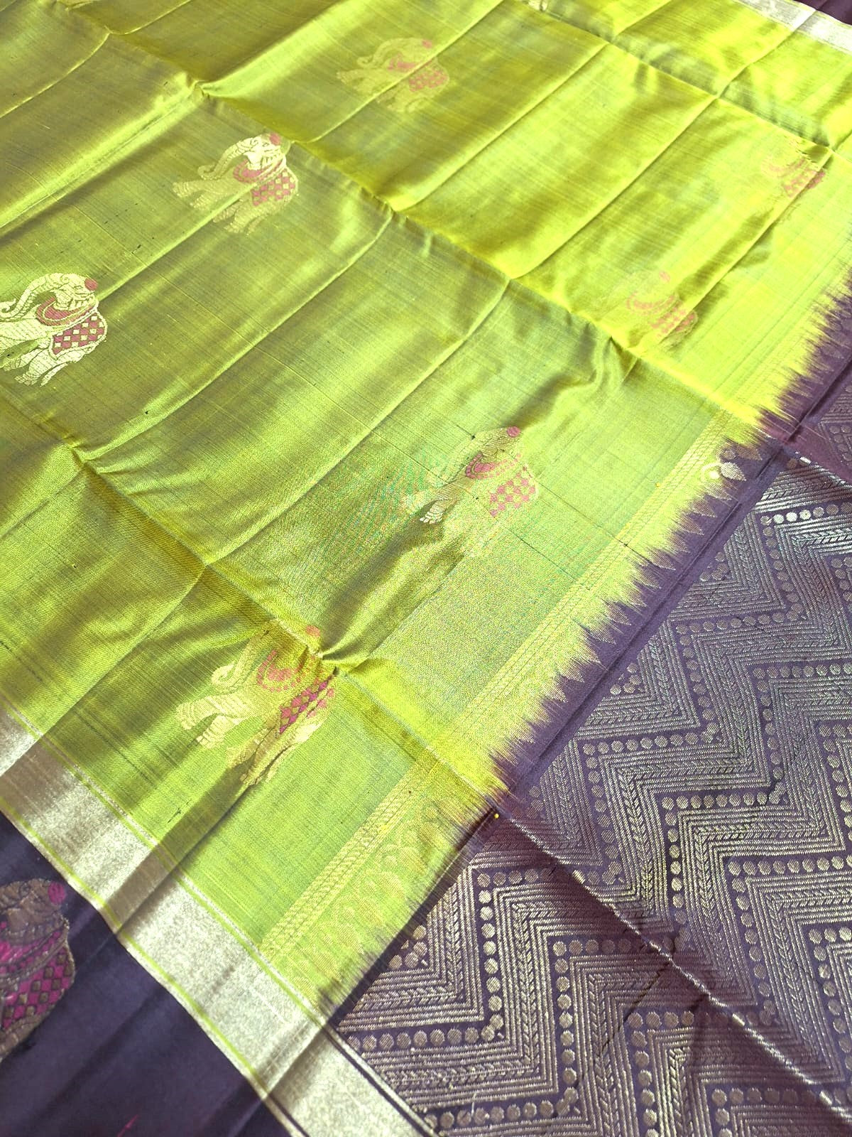 Pure Handloom Soft Silk - Dhani Green & Brown Gaja Collection