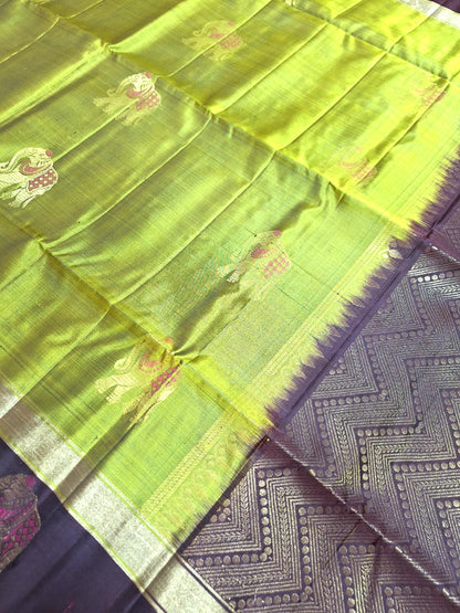 Pure Handloom Soft Silk - Dhani Green & Brown Gaja Collection