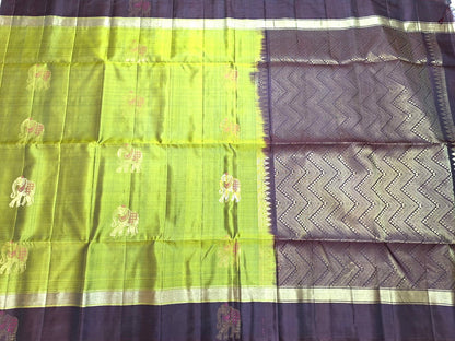 Pure Handloom Soft Silk - Dhani Green & Brown Gaja Collection