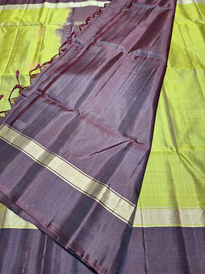 Pure Handloom Soft Silk - Dhani Green & Brown Gaja Collection