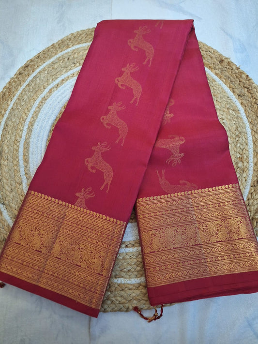 Pure Handloom Kanjeevaram Silk - Fiery Pink Hiran Design & Golden zari border