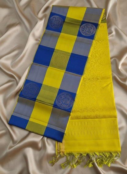 Pure Handloom Soft Silk - Yellow & Royal Blue Check Melody