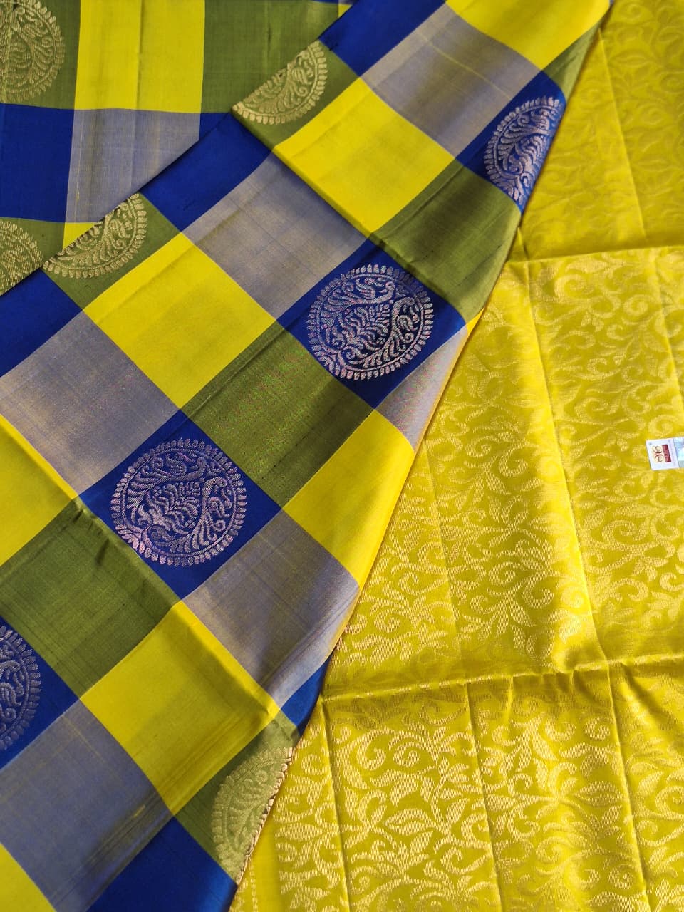 Pure Handloom Soft Silk - Yellow & Royal Blue Check Melody