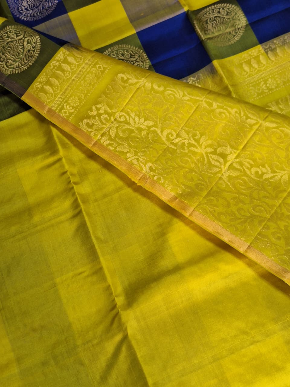 Pure Handloom Soft Silk - Yellow & Royal Blue Check Melody