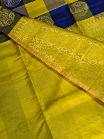 Pure Handloom Soft Silk - Yellow & Royal Blue Check Melody