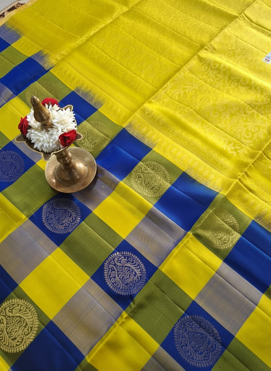Pure Handloom Soft Silk - Yellow & Royal Blue Check Melody