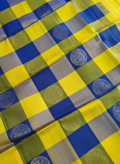 Pure Handloom Soft Silk - Yellow & Royal Blue Check Melody