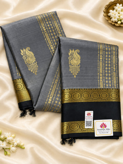 Pure Handloom Silk Kanjeevaram - Grey & Deep Bottle Green with 1.5g zari