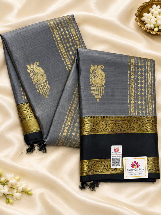 Pure Handloom Silk Kanjeevaram - Grey & Deep Bottle Green with 1.5g zari