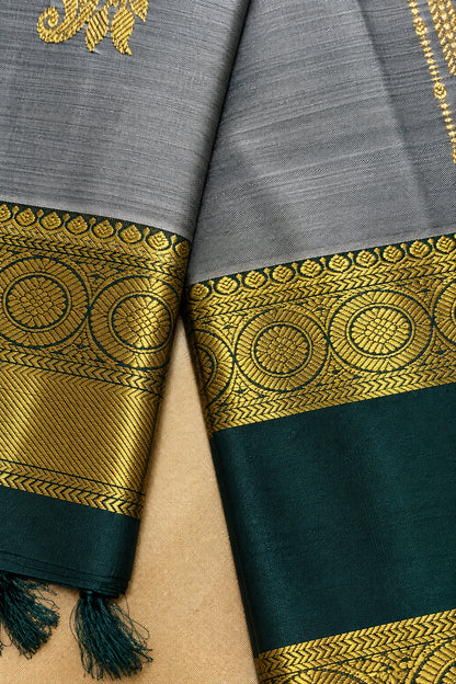 Pure Handloom Silk Kanjeevaram - Grey & Deep Bottle Green with 1.5g zari