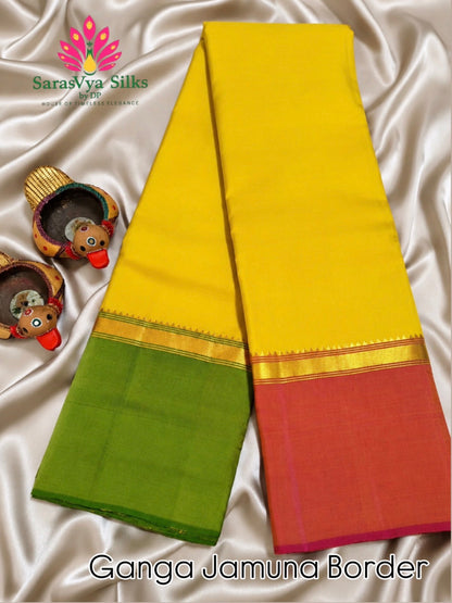 Pure Handloom Kanjeevaram Silk - Yellow with Ganga Jamuna Zari border