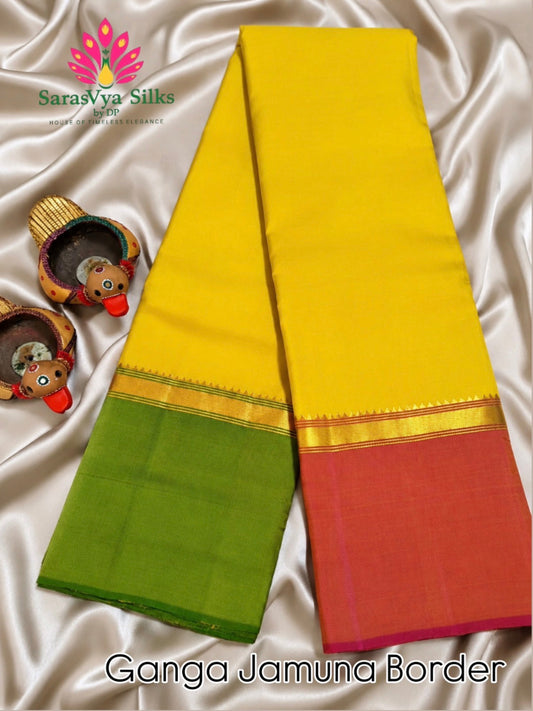 Pure Handloom Kanjeevaram Silk - Yellow with Ganga Jamuna Zari border
