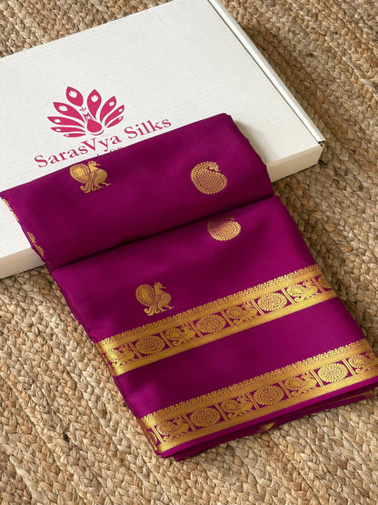 Pure Mysore Crepe Silk - Purple Peacock & Mango Motifs