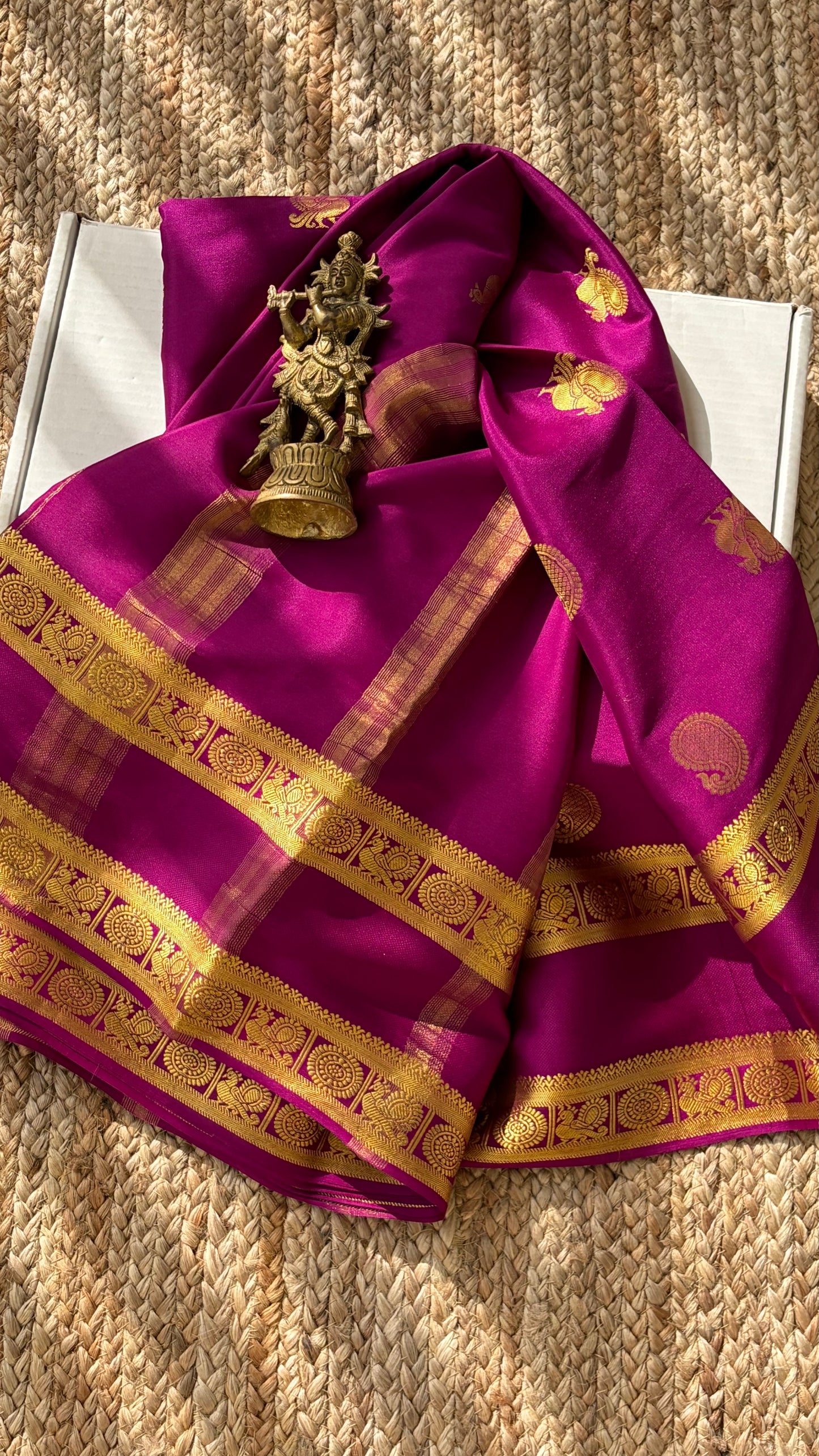 Pure Mysore Crepe Silk - Purple Peacock & Mango Motifs