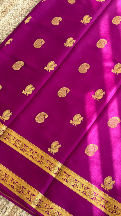 Pure Mysore Crepe Silk - Purple Peacock & Mango Motifs