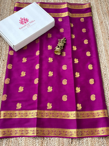 Pure Mysore Crepe Silk - Purple Peacock & Mango Motifs