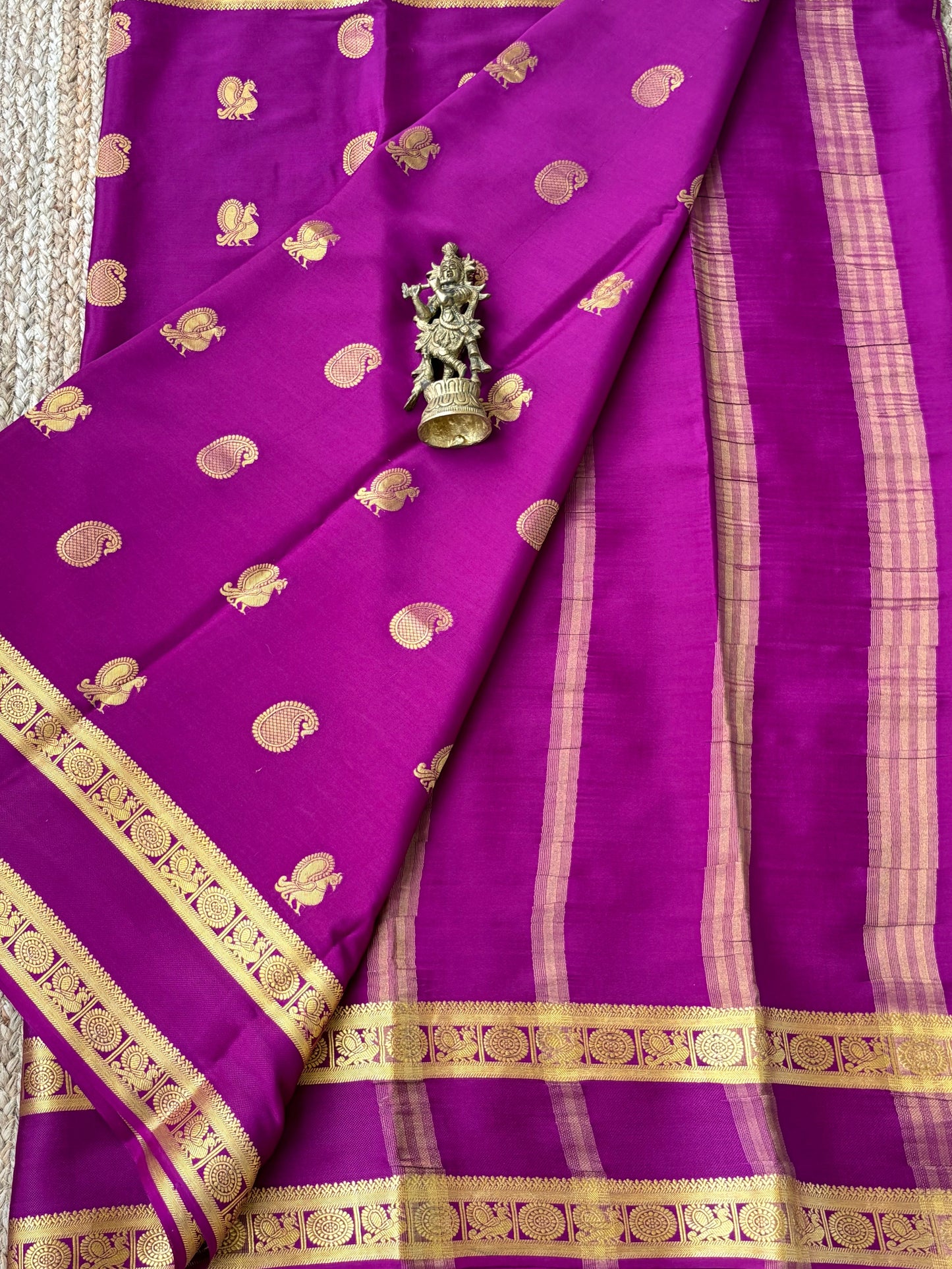 Pure Mysore Crepe Silk - Purple Peacock & Mango Motifs