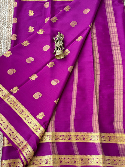 Pure Mysore Crepe Silk - Purple Peacock & Mango Motifs