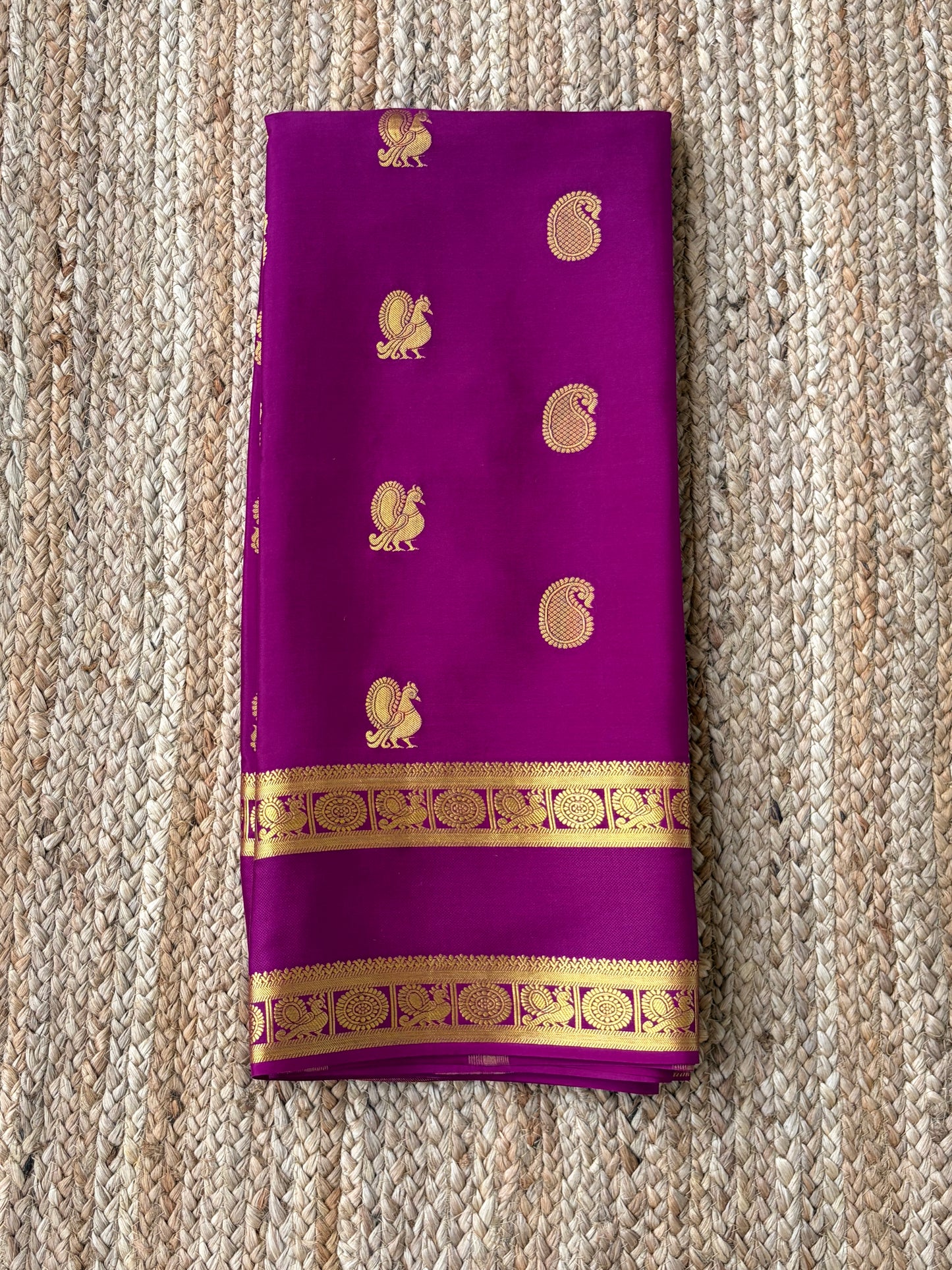 Pure Mysore Crepe Silk - Purple Peacock & Mango Motifs