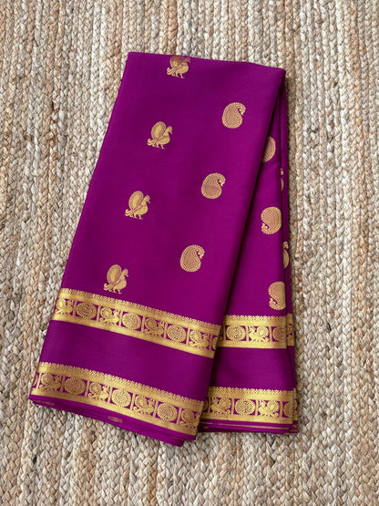 Pure Mysore Crepe Silk - Purple Peacock & Mango Motifs