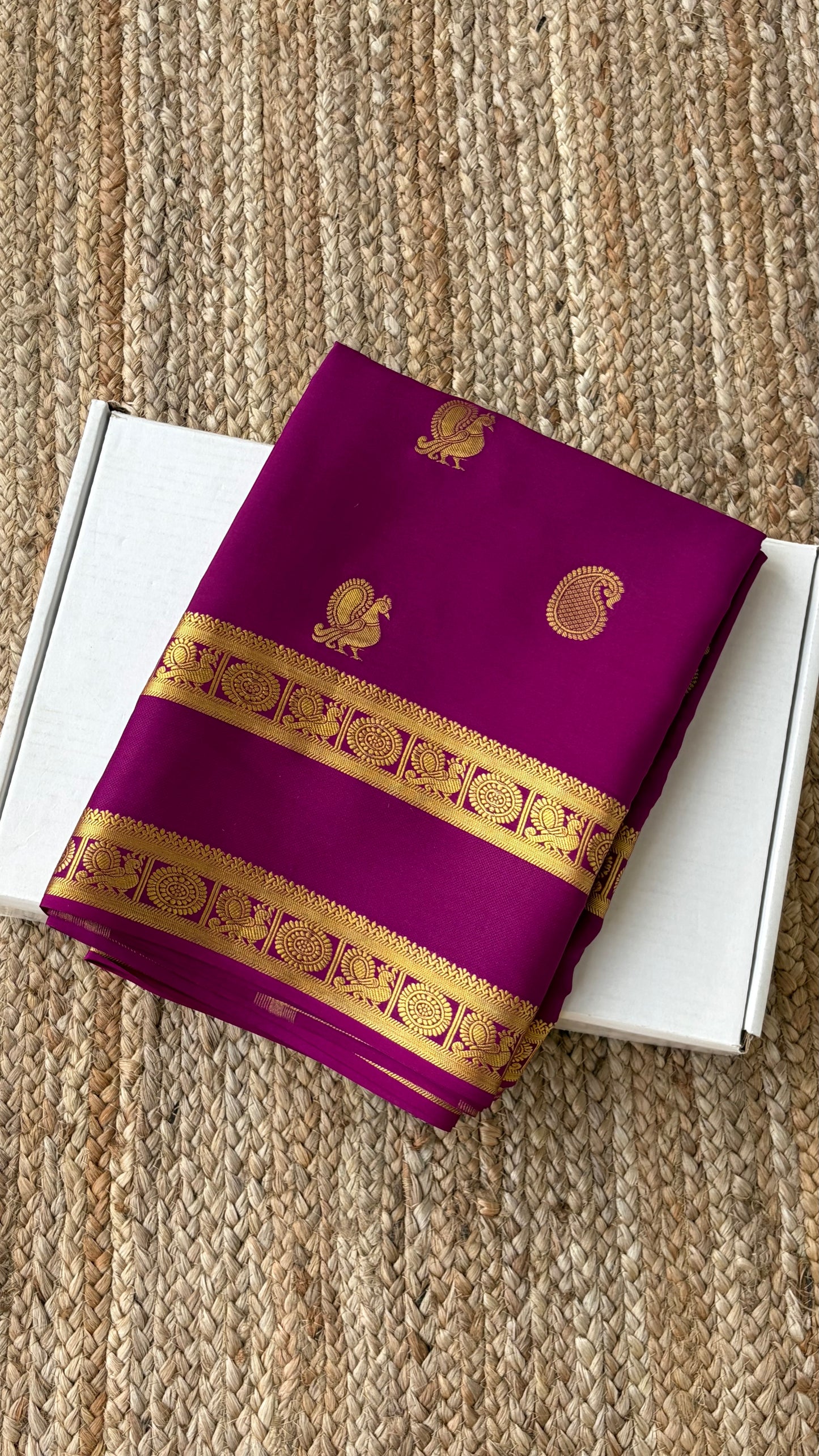 Pure Mysore Crepe Silk - Purple Peacock & Mango Motifs