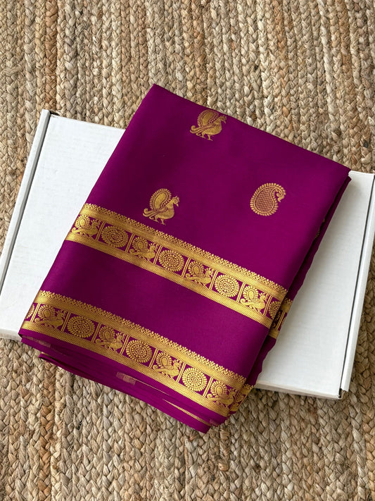 Pure Mysore Crepe Silk - Purple Peacock & Mango Motifs