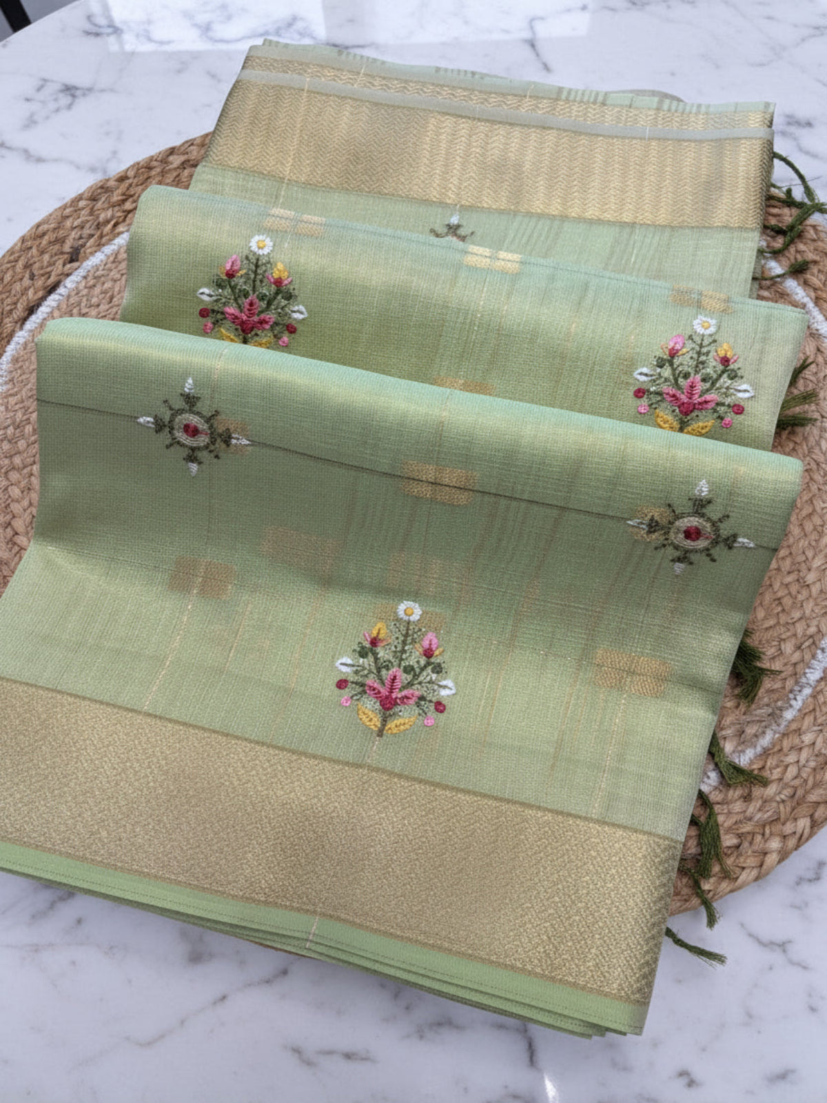 Pure Cotton Linen - Pastel Pistachio Green with embroidery