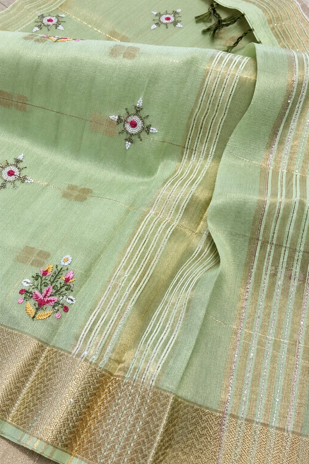 Pure Cotton Linen - Pastel Pistachio Green with embroidery