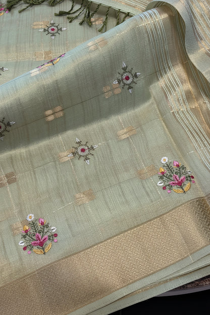 Pure Cotton Linen - Pastel Pistachio Green with embroidery